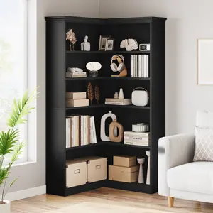 L-Shaped Corner Bookshelf – 72.8in 5-Tier Large Farmhouse Bookcase – Tall Wood Storage & Display Shelf – Vintage White Full Panel – Living Room or Office