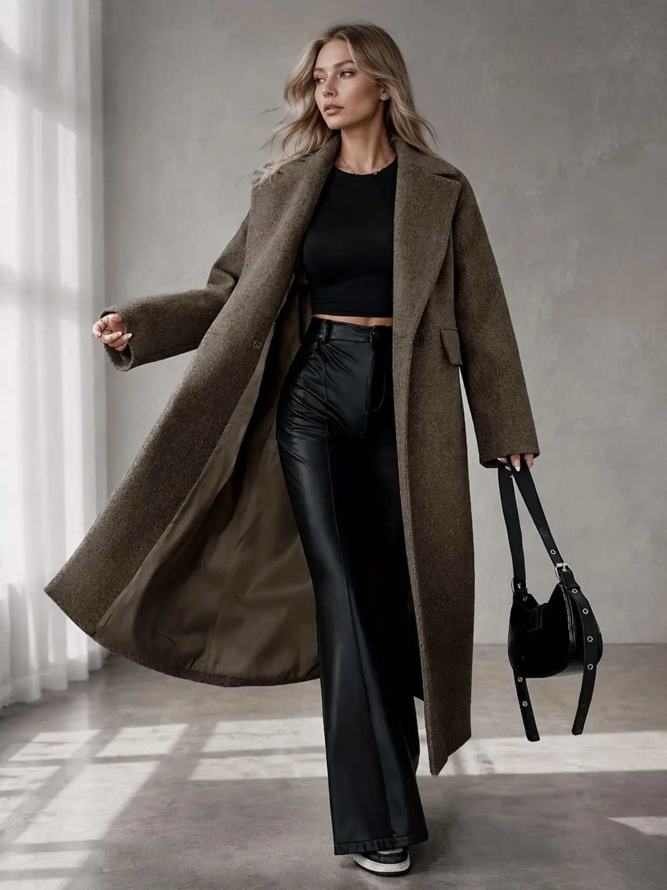 Women's Long Blazer Style Coat, Elegant Large Lapel Over-Knee Jacket, Loose Fit Slimming Long Coat, Fall & Winter High Street Outerwear