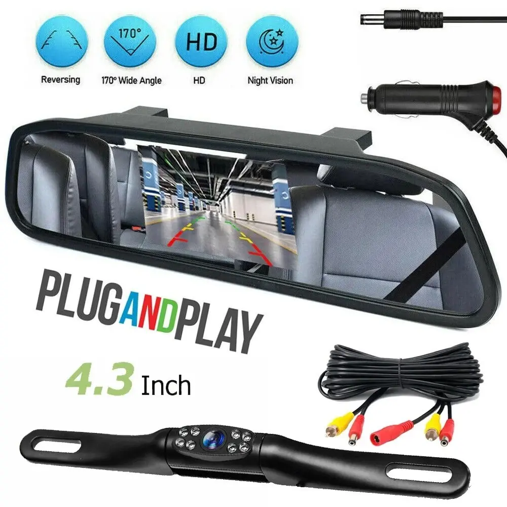 Car Reverse Parking System with License Plate Frame Night Vision Camera, 4.3 Inch Rear View Mirror Display, Seamless Installation