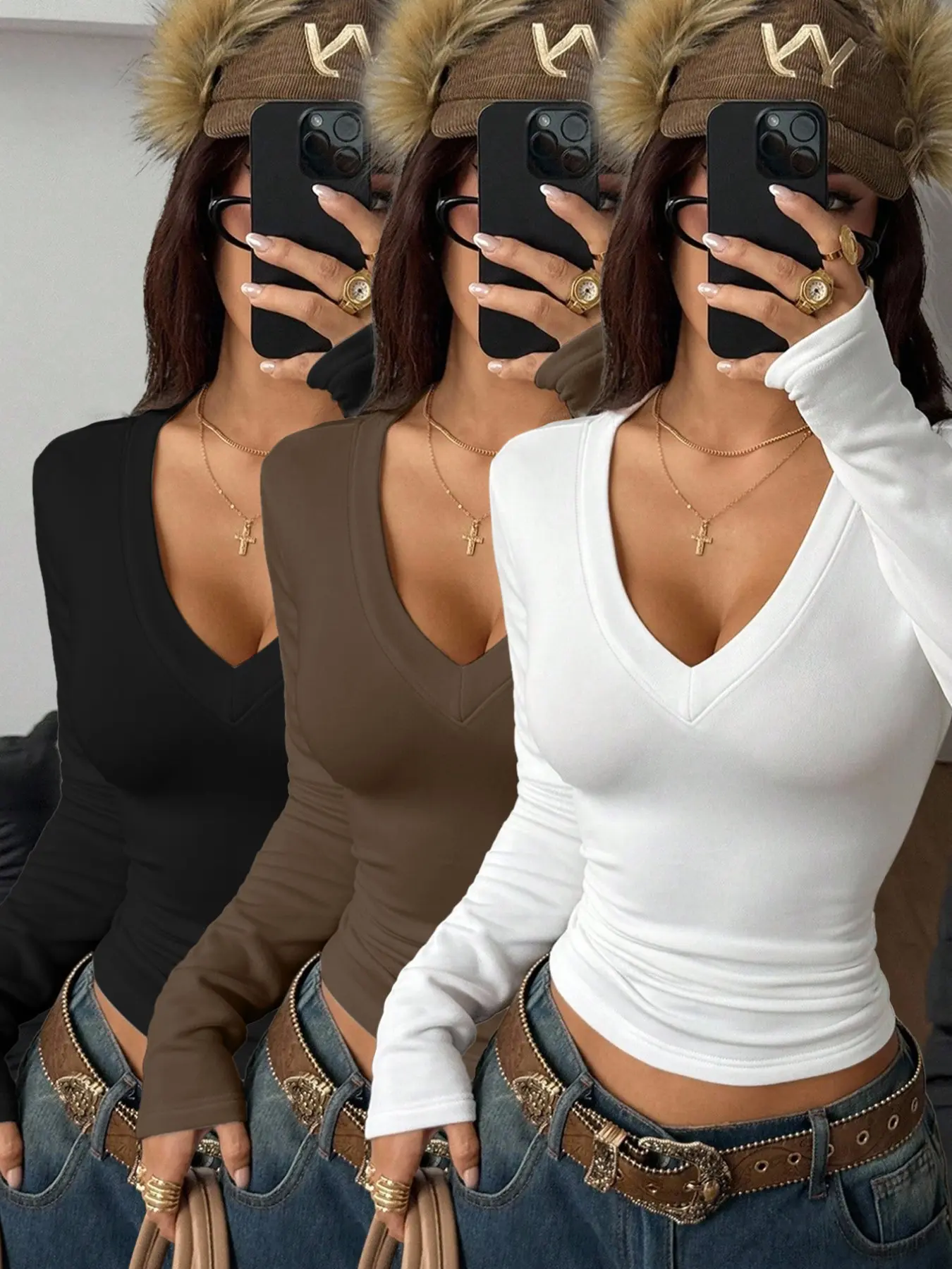 【Black Friday】Women's Fall Winter Solid V-Neck Waist Cinch Long Sleeve T-Shirt Set, Layerable Outerwear, Comfortable Casual Wear