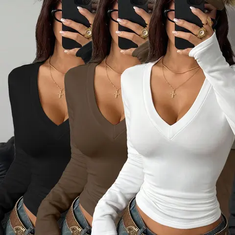 Women's 3-Piece Fall Winter Solid Color V-Neck Waist Cinching Long Sleeve T-Shirt Set, Inner Wear & Outerwear