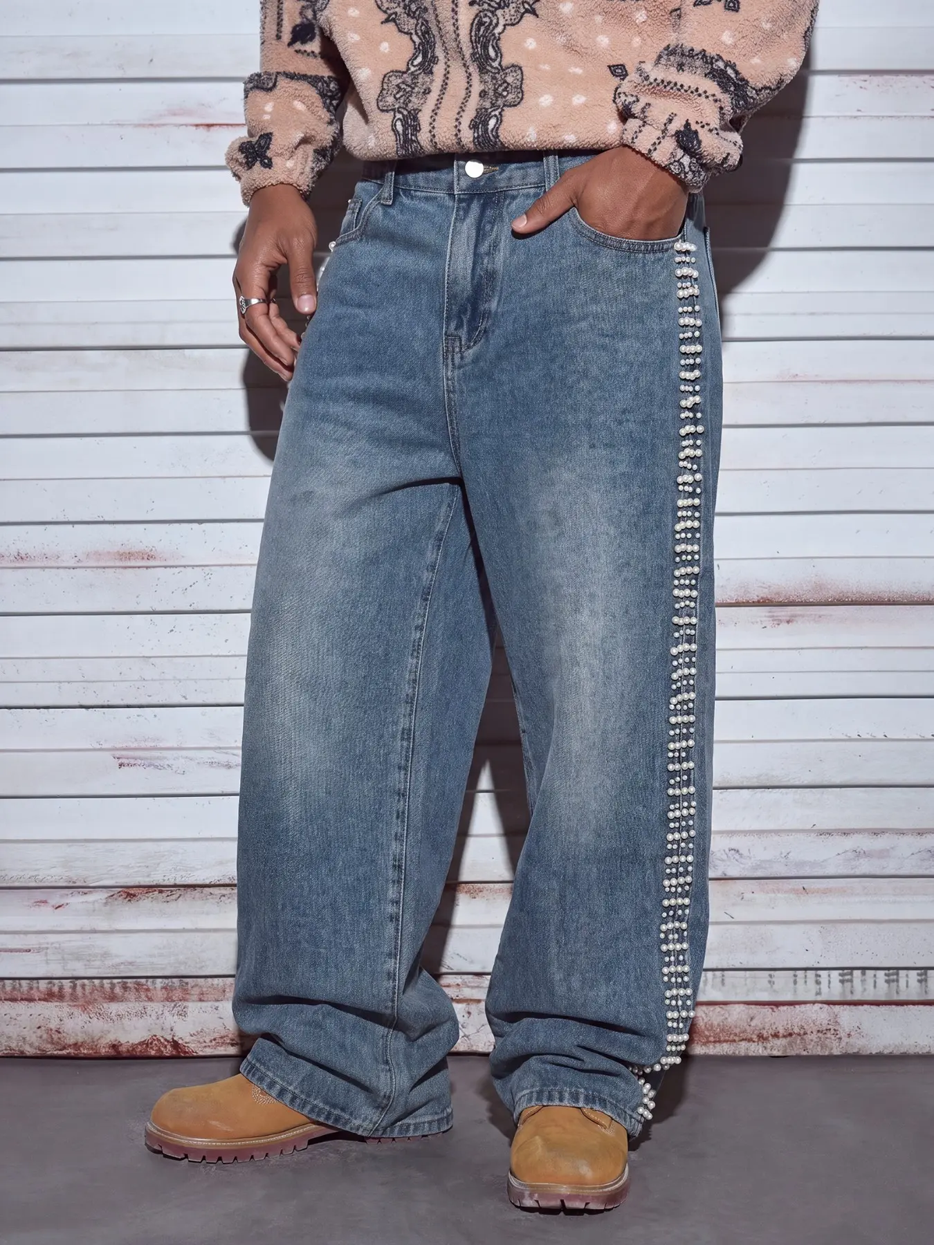 Men's Blue Washed Straight Leg Denim Jeans, Side Pearl Bead Chain Ornaments, Classic Retro Faded Denim, High Street Trend Style
