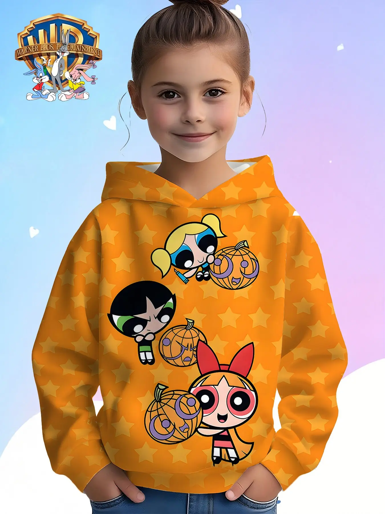 Wb Official the Powerpuff Girls Halloween Pumpkin Star Kids Hoodie, Girl's Festival Cartoon Theme Pullover, Fall & Winter Casual Loose Fit