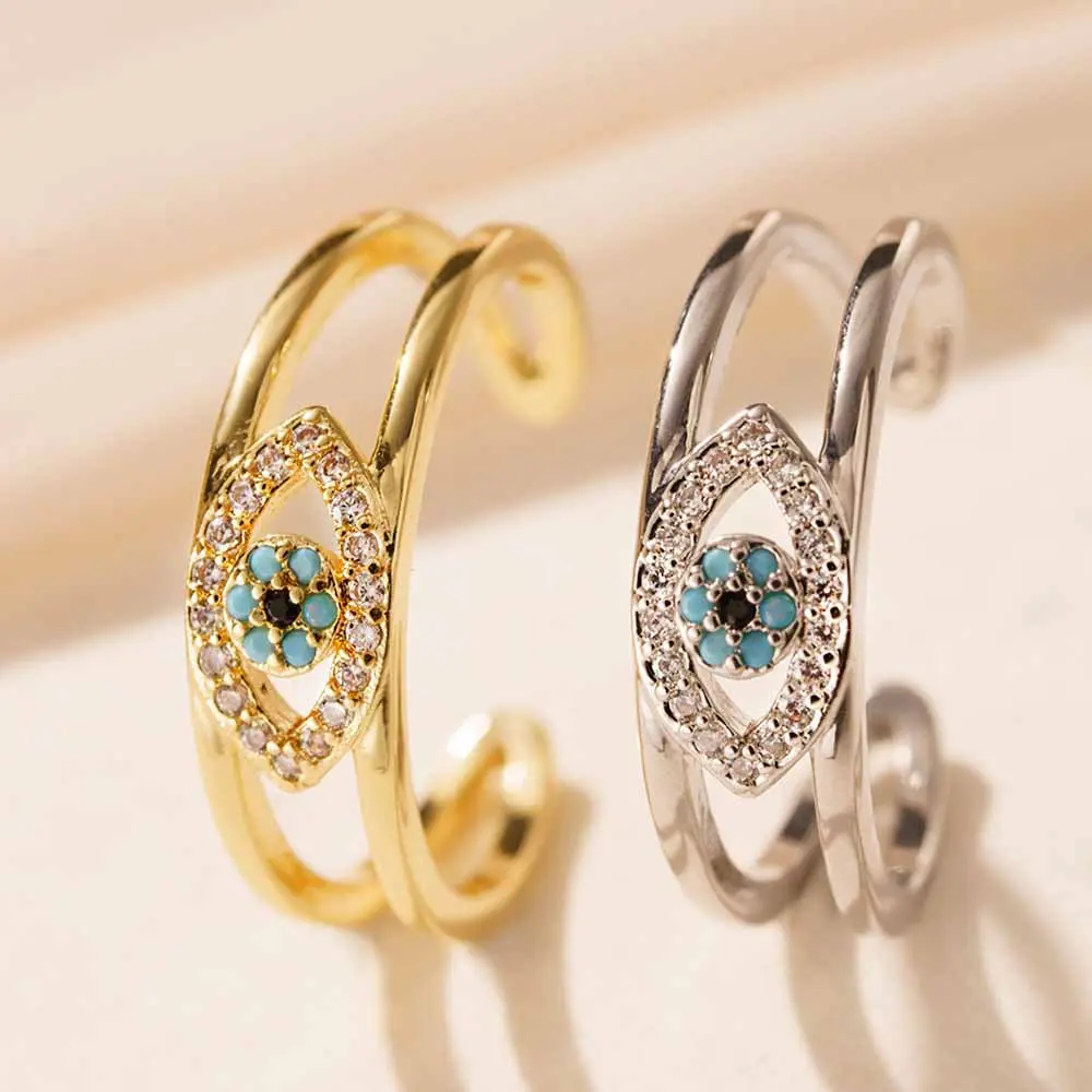 Women's Adjustable Evil Eye Motif Statement Ring - Blue Synthetic Stone Rhinestone, Trendy Gold-Silver Female Fashion Jewelry, Female Jewelry