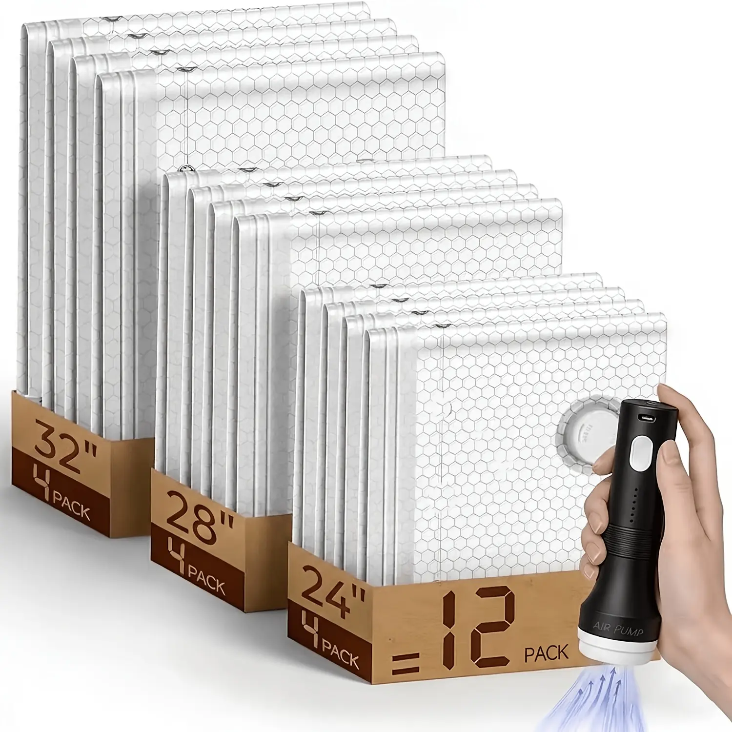 12 Pack Travel Vacuum Storage Bags with Electric Pump, 3 Sizes (S/M/L) Airtight Compression Seal Space Saver Bags, Packing Organizer for Clothing Luggage Backpack Suitcase