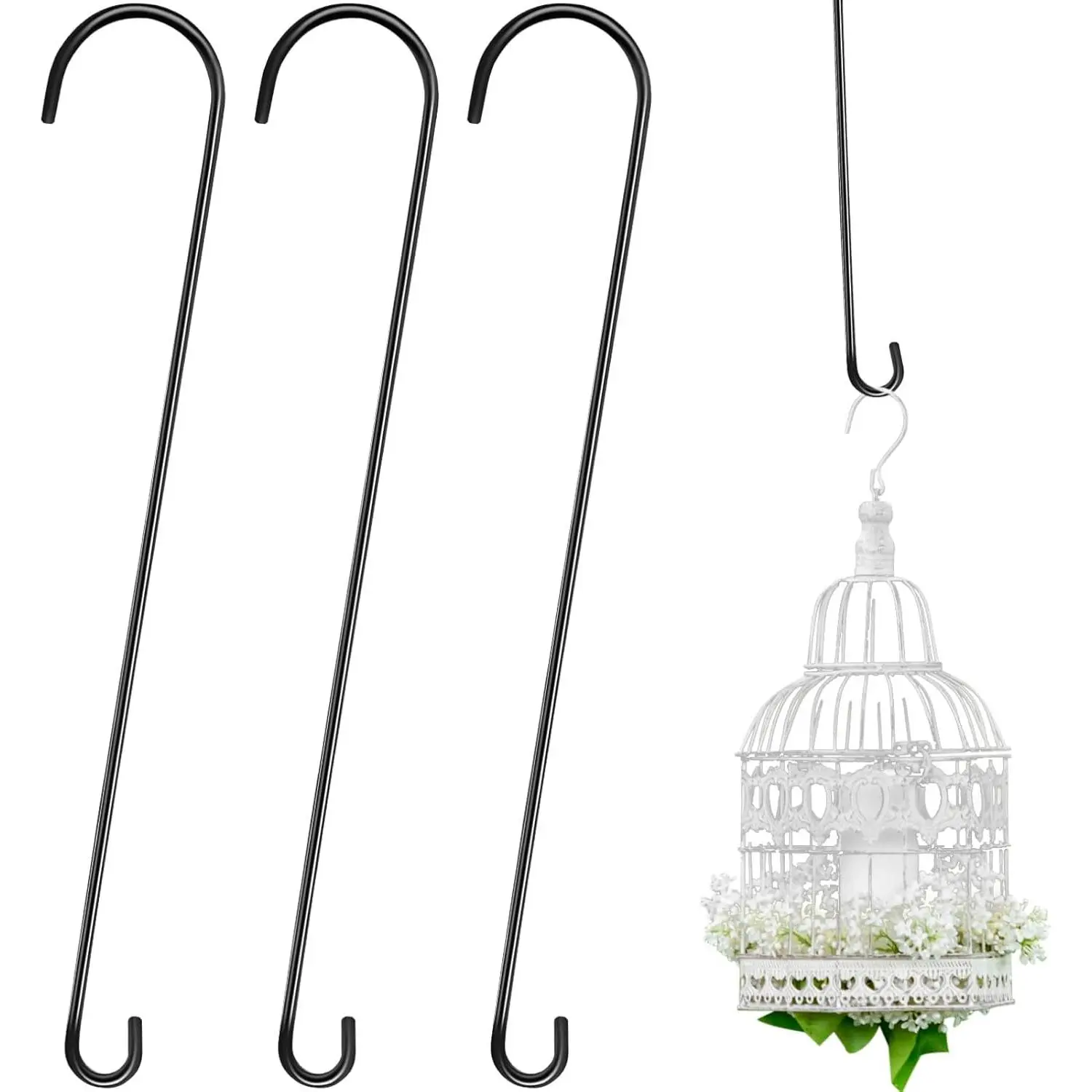 3 Pack 36 Inch Extra Long S Hooks for Hanging Plants, Heavy Duty Metal Tree Branch Hangers for Bird Feeders Flower Baskets Lanterns Black Vinyl Coated Garden Extension Hooks