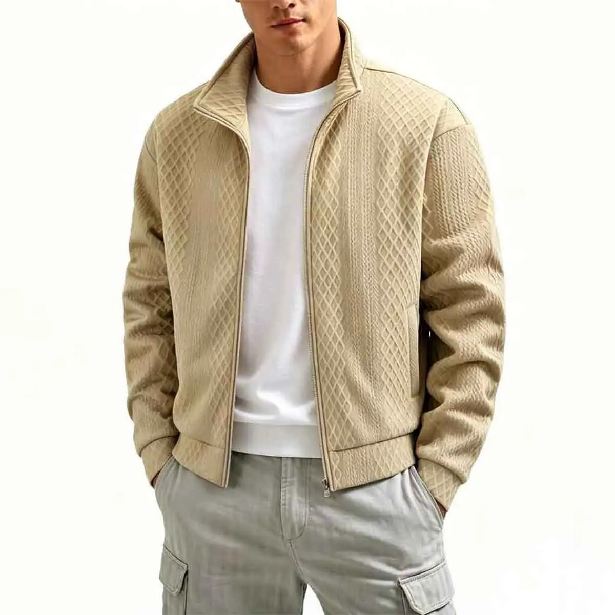 Men's Casual Diamond Grid Knitwear Jacket, Full-Zip Mock Neck Polyester Blend Menswear Tops with Side Pockets, Machine Wash Cold