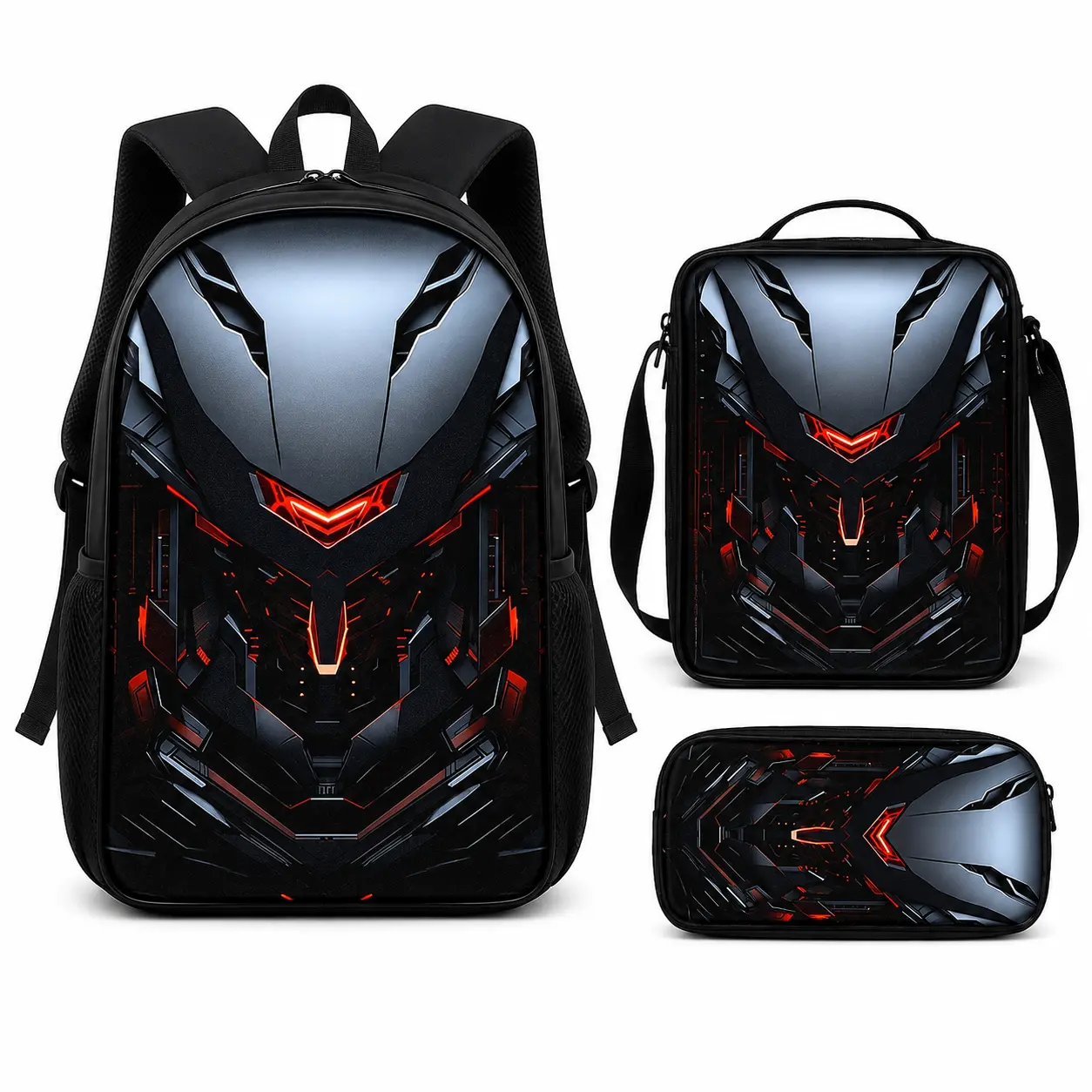 Sci-fi mecha-themed backpacks, shoulder bags, and storage pouches featuring a black, gray, and silver color palette accented by glowing, fiery orange-red lines-ideal for young people for daily commuting, studying, or short trips.