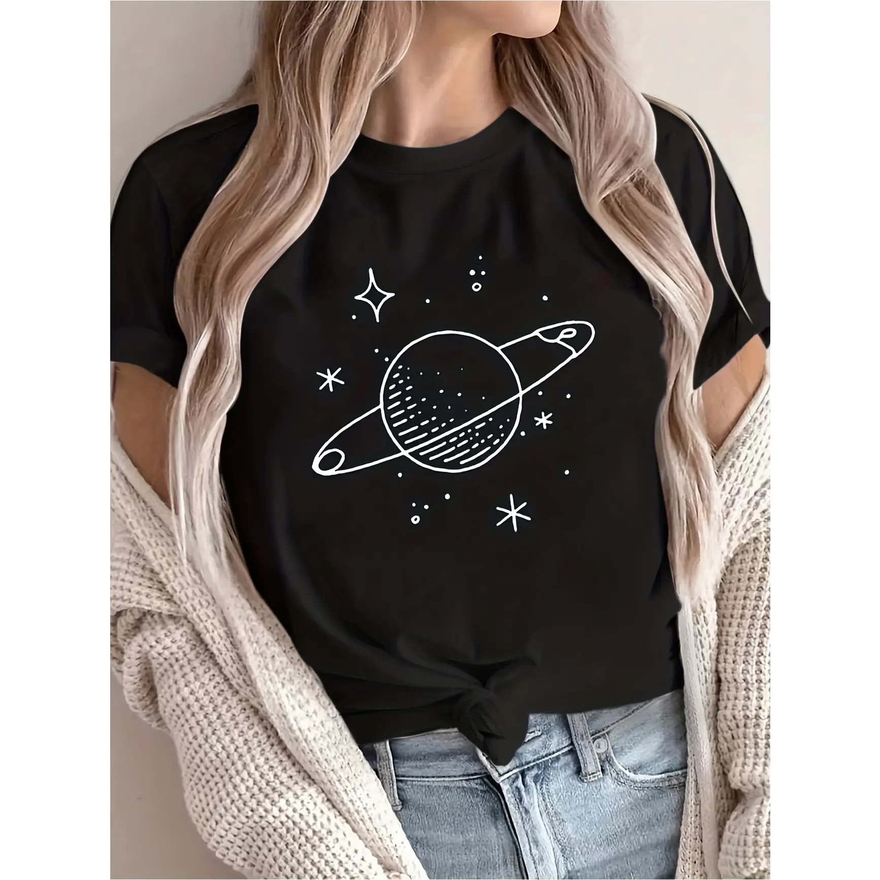 Saturn Planet Multi Shape Star Minimal Single Line Space Cosmic Graphic Cotton Short Sleeve T Shirt, Cute Fashion Comfort Oversized Outfit, Perfect Valentine’s Day Gift For Lover Family Friends, Best Holiday Present For Astronomy Space Aesthetic Lovers Ca