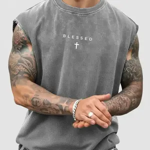 Men’s Blessed Cross Graphic Sleeveless Tank Top, Vintage Washed Streetwear Gym Workout Muscle Shirt