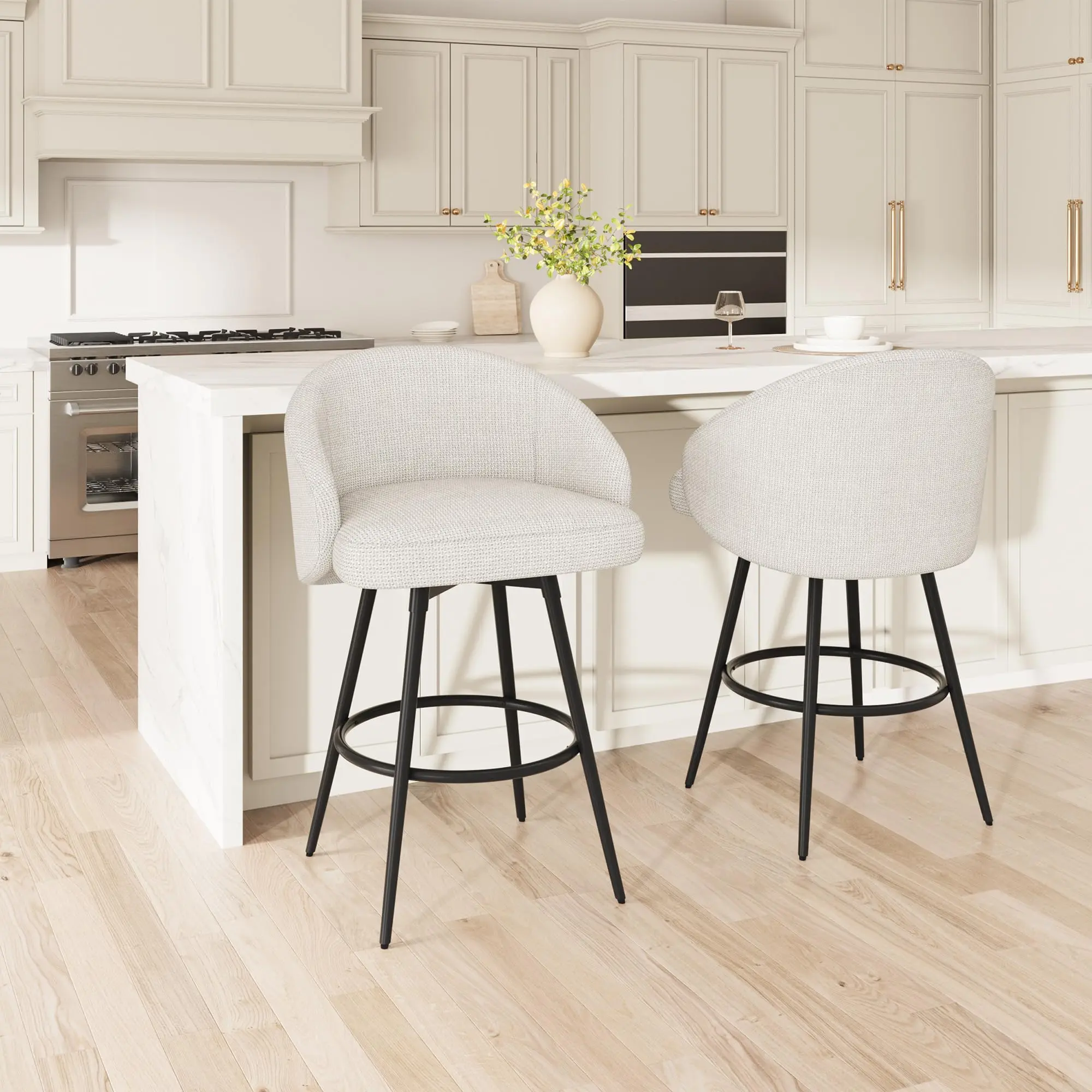 360° Swivel Counter Height Bar Stool with Backrest & Footrest - Linen Upholstered Kitchen Dining Chair - Sturdy Black Metal Frame - Comfortable & Easy Assembly
