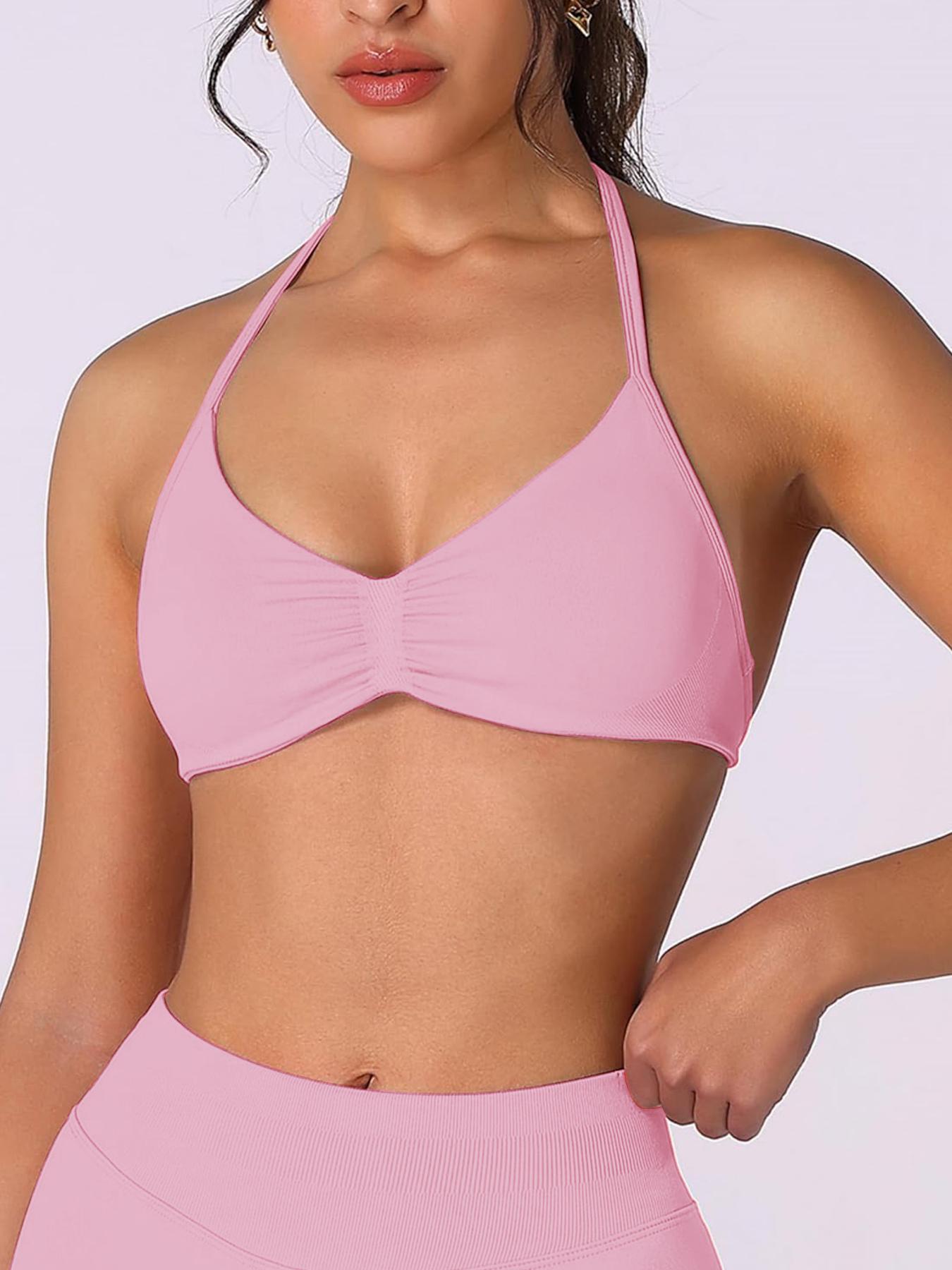 Women's Solid Color Strappy Sports Bra, Breathable Comfortable Backless Padded Impact Strappy Bra, Quick Drying Running Fitness Sports Bra