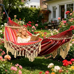Tassel Hanging Hammock, Heavy-Duty Twin Polyester Hammock with Anti-Rollover Design, 200kg Capacity for Outdoor Camping & Beach Vacation
