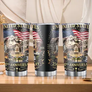 20oz Portable Stainless Steel Insulated Flask Tumbler with Full Print, America's 250th Anniversary 1776-2026 Commemoration, Mount Rushmore & US Capitol Pattern, Included Straw, Double Wall for Coffee & Milk, Heat-Cold Retention, Flasks