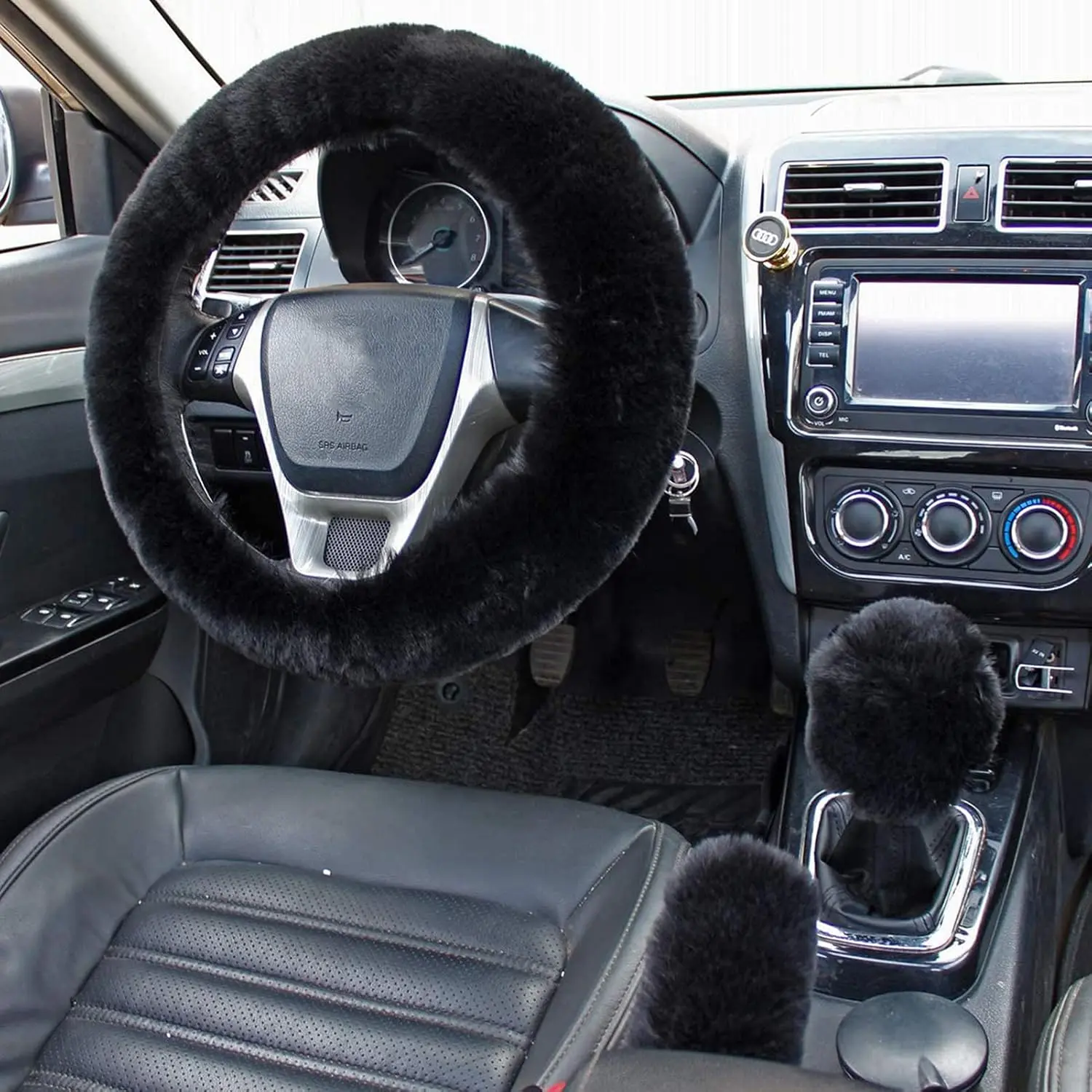 Fluffy Steering Wheel Cover, Fuzzy Steering Wheel Cover  Women, Furry Steering Wheel Covers with Handbrake Cover Gear Shift Cover, 1 Set 3 Pcs, 14.96Inch (Black) New model