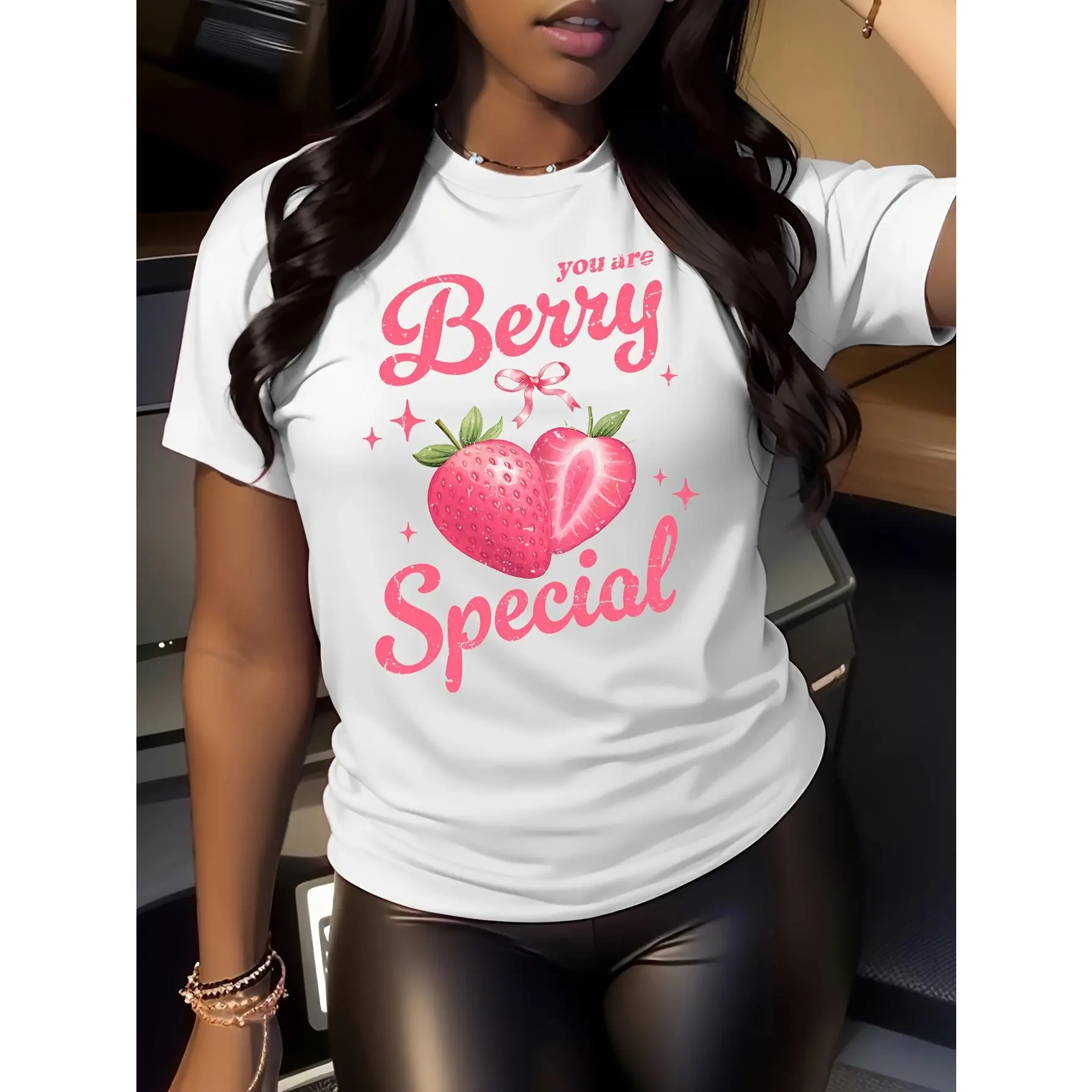 Women's Crew Neck T-Shirt with Strawberry Print, "Berry Special" Graphic, Soft Breathable Short-Sleeve Casual Wear Top, Casual Wear Shirt, Essential, Shortsleeve, Everyday, Outfits, Streetwear, Tshirt, Comfortable, Fabric, Relaxed Fit, Long-Lasting, All S