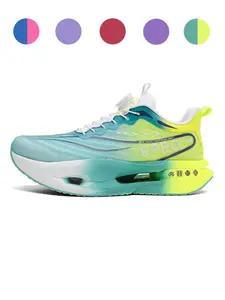 Unisex Cyan-Yellow Gradient Rotating Buckle Running Shoes: Full Palm Shock-Absorbing + Breathable Flyknit, Professional Marathon Sneakers