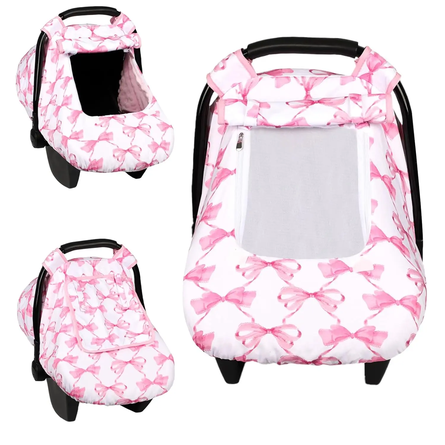 Pink Bow Baby Car Seat Canopy Cover by , Wind Resistant Minky Dot Stroller Cover with Breathable Mesh View Window, Soft Warm Infant Carrier Cover for Newborn Boys Girls Outdoor Travel