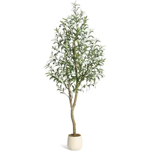 Garvee Artificial Olive Trees for Indoor Use, 1.8 m Tall Artificial Silk Plant, Artificial Potted Tree with White Planter, Artificial Plants with Natural Wood Trunk and Lifelike Fruits for