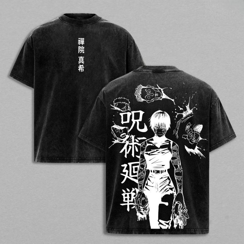 Maki Zenin Jujutsu Kaisen Graphic Tee – Vintage Washed Oversized Anime Shirt, Acid-Washed Heavy Cotton Unisex Top, Trendy Streetwear Menswear for Casual, Party, Convention, and JJK Fans