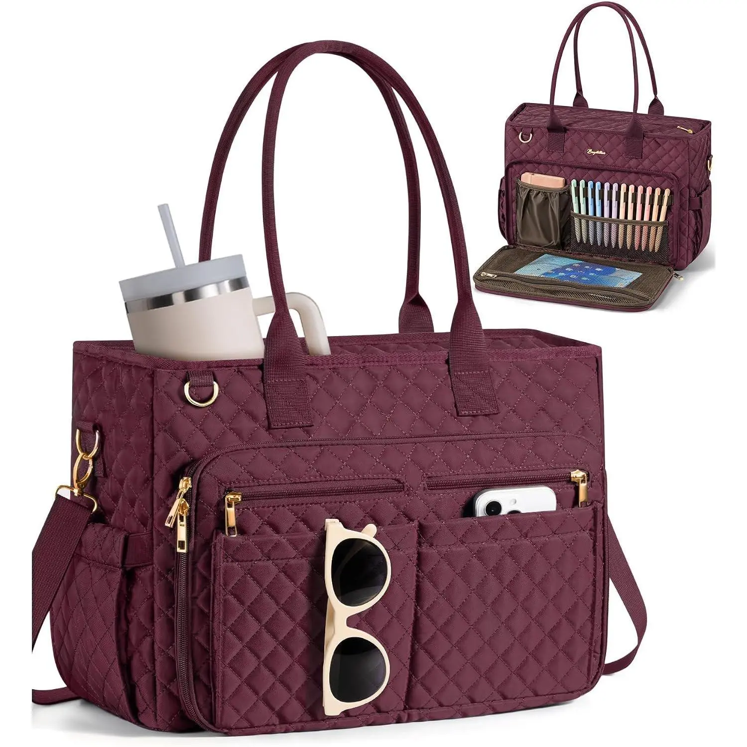 Teacher Tote Bag for Women, 15.6" Laptop Work Tote  Bag | Quilted  Nurse Bag with 40oz Cup Holder, Insulated Pocket & Strap, Large Laptop Briefcase for School Travel Office Gifts