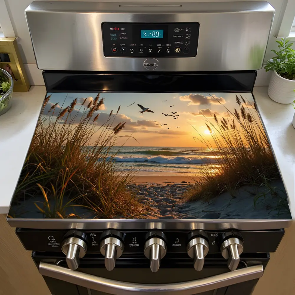 Sunset Beach Seagull and Wave Pattern Design Rubber Stove Protective Cover - Heat resistant, Non slip, Water absorbing, Easy to Clean, Oven Mat, Refrigerator Mat, Kitchen Stove Cover, Suitable for Oven, Washing Machine and Electrical Surface Protection