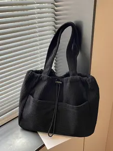 Simple and stylish trendy atmosphere luxury large-capacity drawstring tote bag, multi-pocket casual lightweight loose style everyday travel commuting shoulder handbag