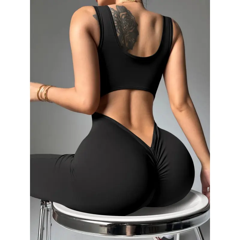 Women's Solid Backless Jumpsuits, Athletic Jumpsuit, Sporty Sleeveless Bodycon Jumpsuits for Yoga Gym Workout, Fitness Activewear, Ladies Sportswear for All Seasons, Stylish Activewear, Stretchable Activewear