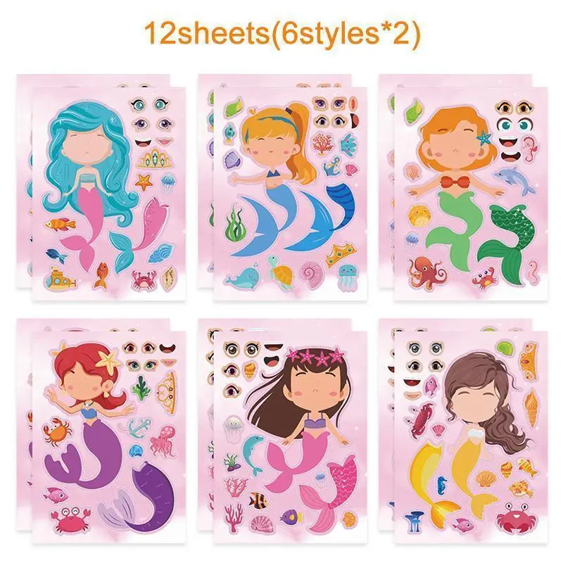 Unisex Mermaid DIY Puzzle Stickers, 6/12 Sheets Make-A-Face Assemble Toys, Kids Birthday Party Favors, Pinata Fillers (Classic Novelty Stress Relief Toy)