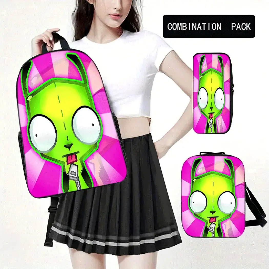 Alien Invaders Zim Big-Headed Pink Radiation Solid Color Three-Piece School Bag Set, including a backpack, insulated lunch bag, and stationery storage bag, for daily use by teenagers