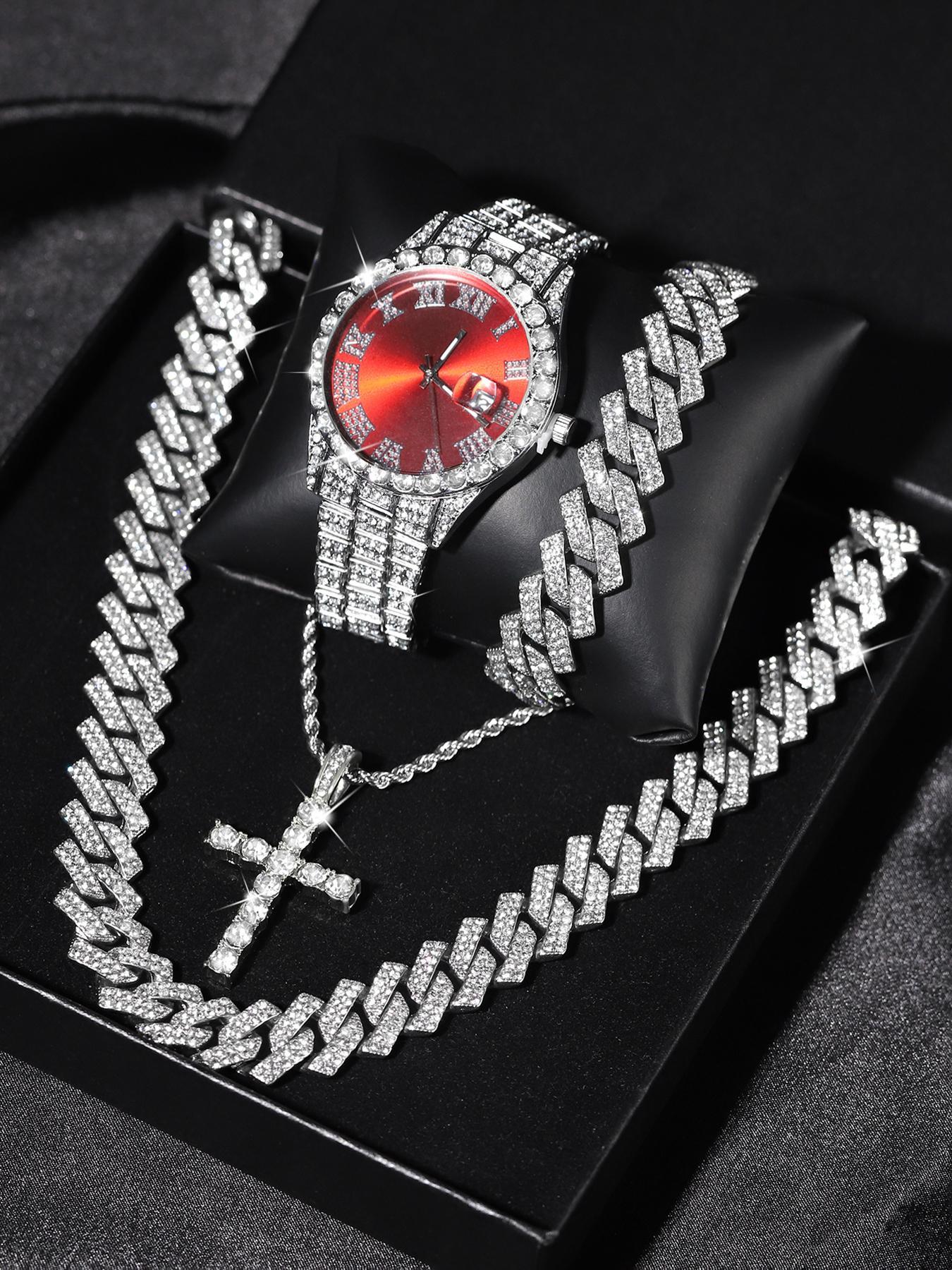 Men's Punk Style Rhinestone Decor Watch & Bracelet & Adjustable Cross Charm Necklace & Cuban Necklace, Trendy Jewelry Set, Exquisite As Gift with Box