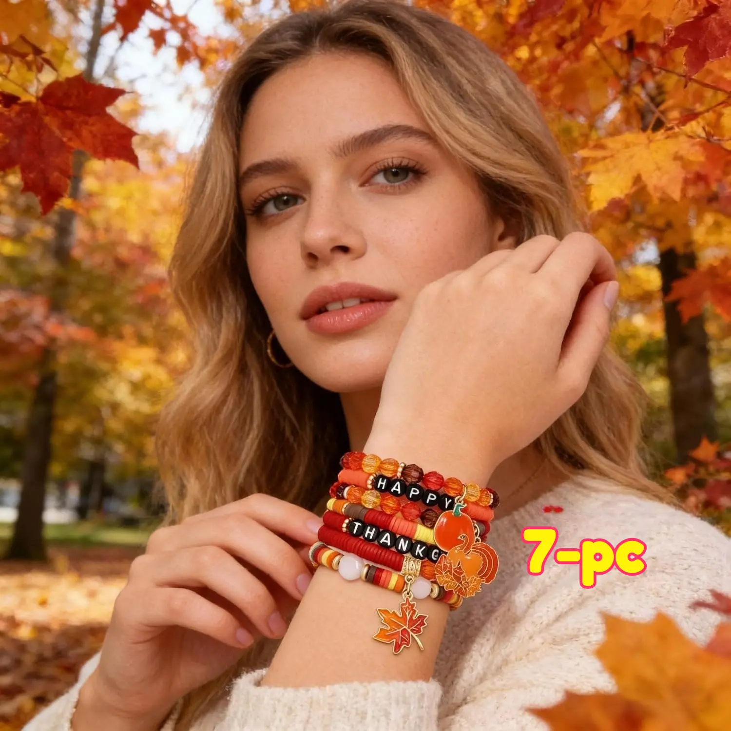 7/8-PC Fall Stacking Bracelets Set for Women, Thanksgiving Pumpkin Turkey Maple Leaf Charm Beaded Bracelets, Trendy Boho Layered Wrist Jewelry with Letter Beads for Autumn Parties, Holiday Gatherings & Everyday Wear