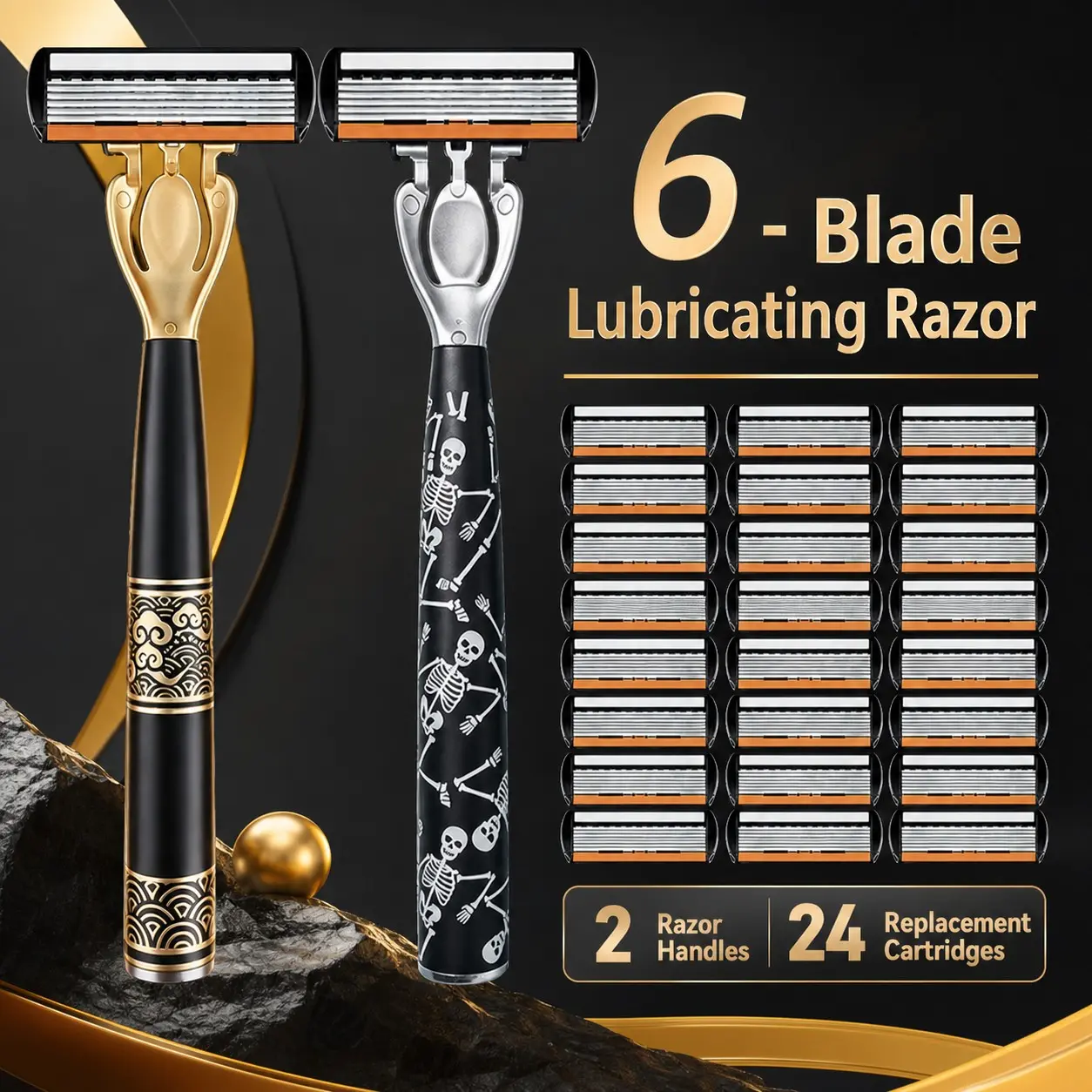 [2 Handles 24 Blades] Golden Cloud Pattern Dark Skull Design｜Men's Manual Razor Set｜6-Layer Lubricating Razor｜Smooth and Non-Irritating｜Perfect for Gifts or Personal Use!