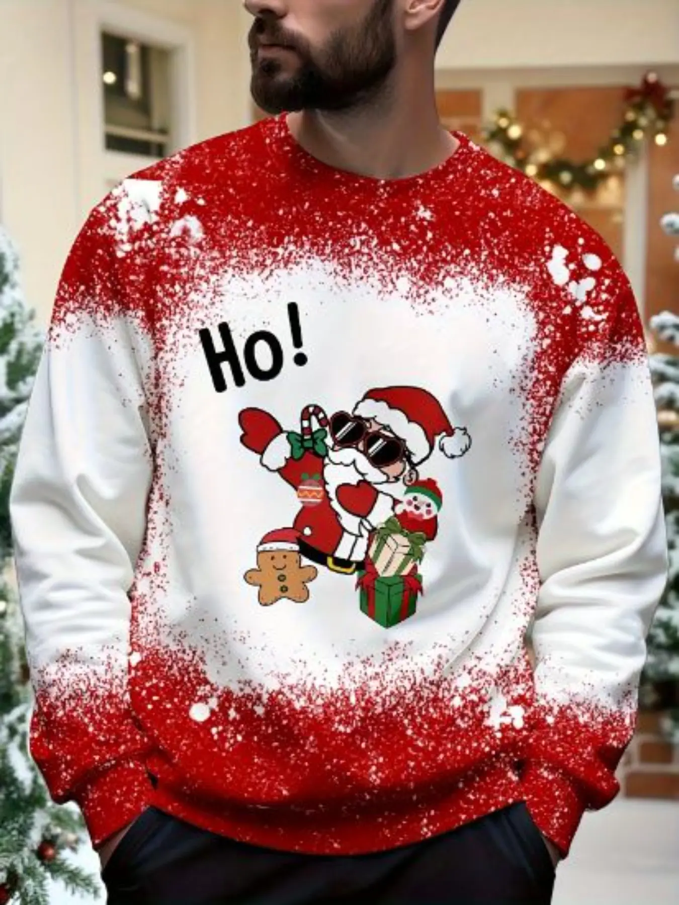 Men's Christmas Theme Gradient Print Sweatshirt, Fun Cartoon Santa Gift, Round Neck Long Sleeve, Perfect for Holiday Parties