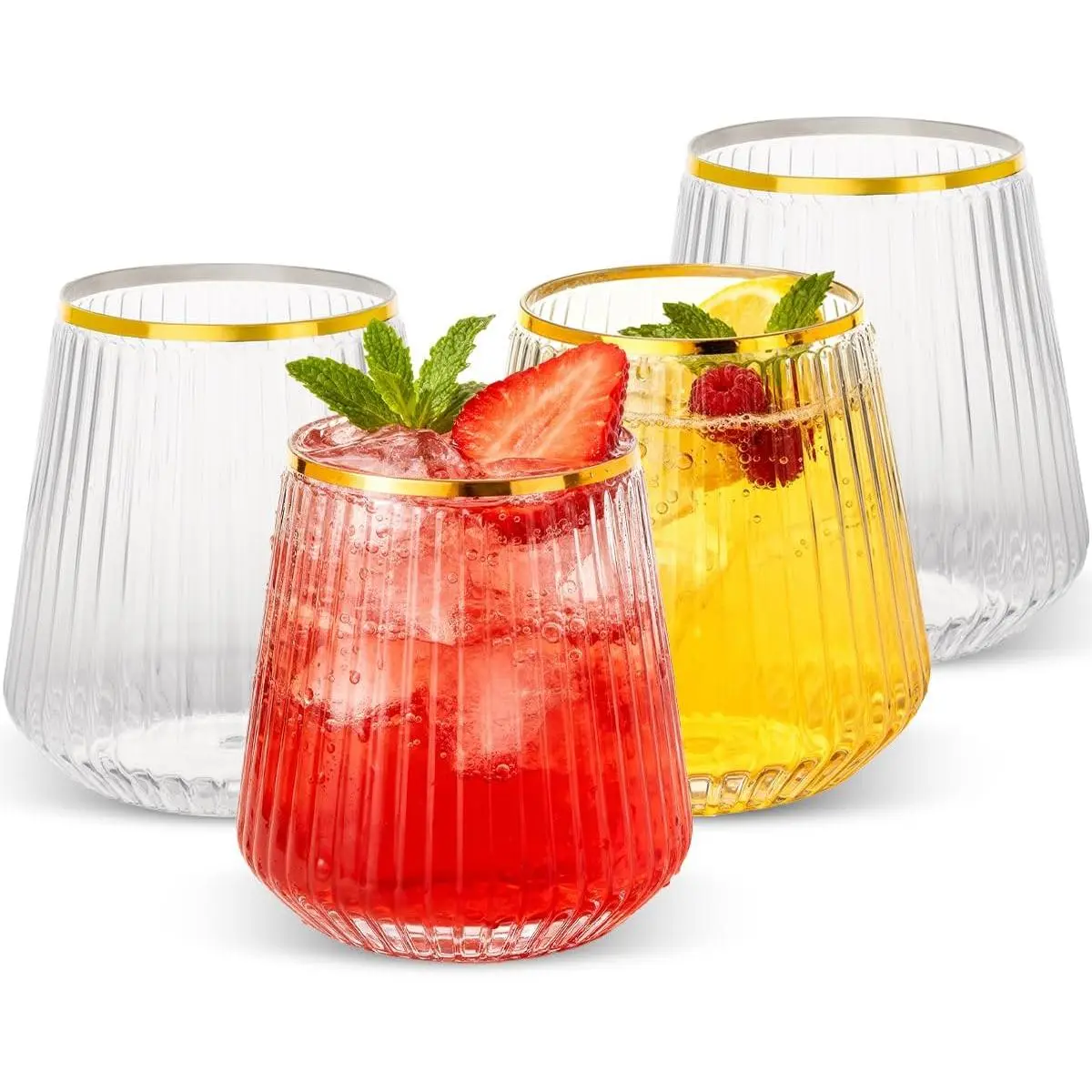 36 Pack 12oz Stemless Plastic  Glasses – Clear Ribbed Cups with  Rim, Fancy  Disposable Drinkware for Weddings, Parties, Bars, Indoor and Outdoor Events