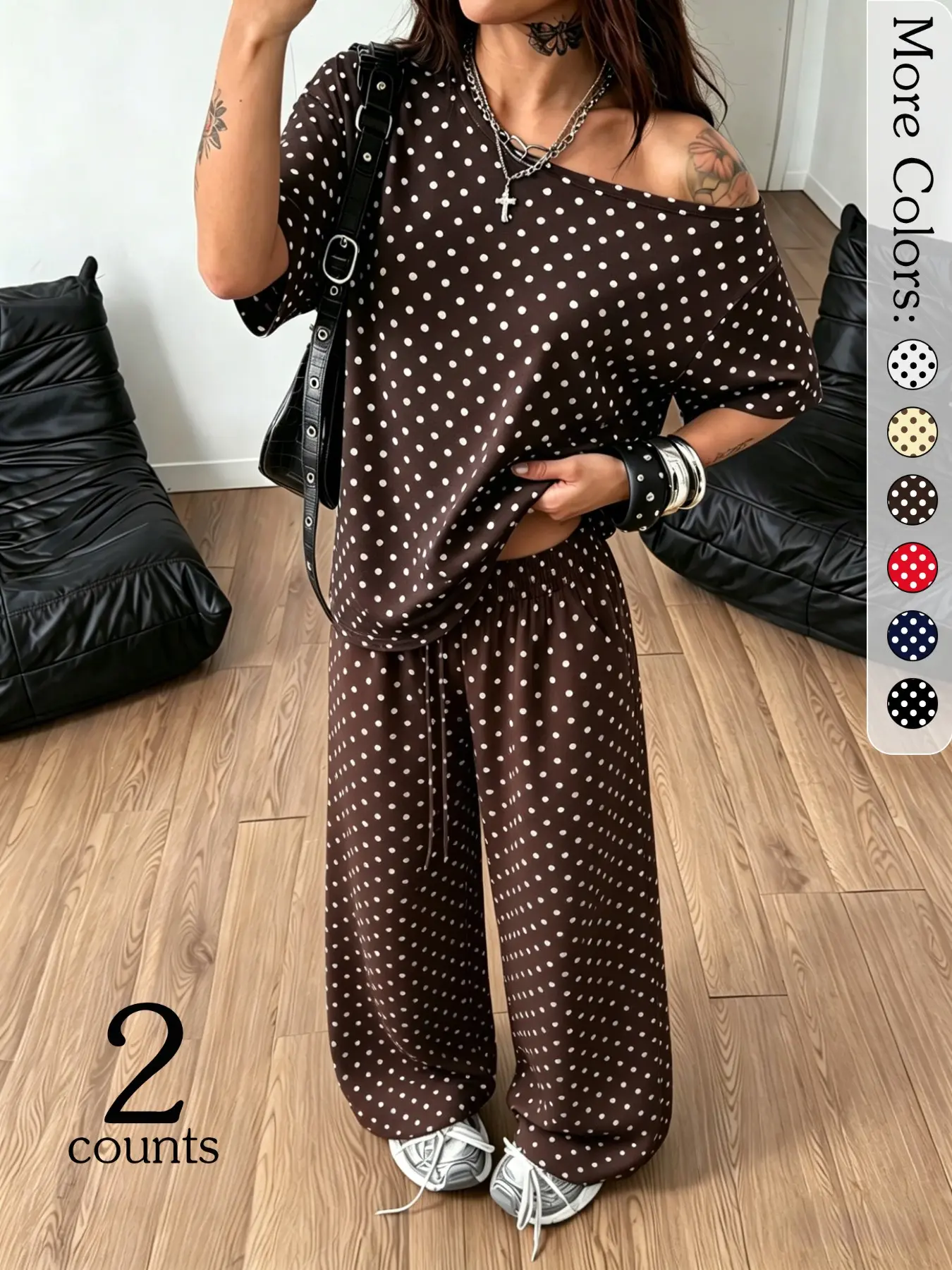 2 Pack Women's Polka Dot Loungewear Pajama Set, Lounge Pajama Style, T-Shirt & Wide Leg Pants, Casual Streetwear Outfit, Perfect for Coachella Outfits & Daily Wear, Pajama Lounge Sets