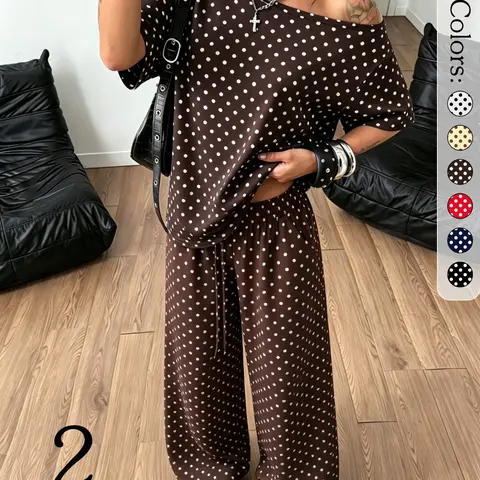 2 Pack Women's Polka Dot Loungewear Pajama Set, Lounge Pajama Style, T-Shirt & Wide Leg Pants, Casual Streetwear Outfit, Perfect for Coachella Outfits & Daily Wear, Pajama Lounge Sets