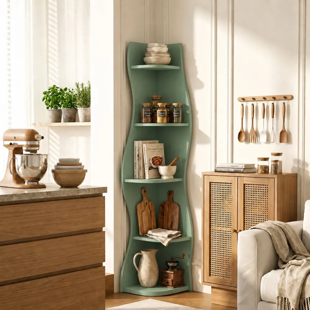 5-Tier S-Shaped Corner Shelf with Sturdy Base - Modern Curved Freestanding Bookshelf, Space-Saving Storage Display Rack, Plant Stand Organizer for Apartment Bathroom Decor, Small Space Furniture