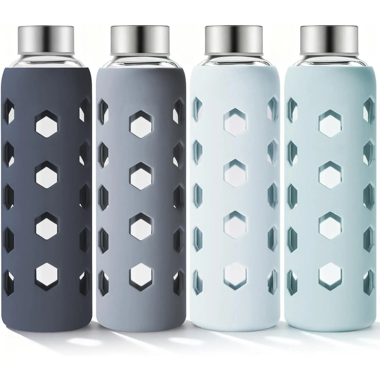 Glass Juice Bottles with Lids and Silicone Sleeves 18 oz, 4-Pack Reusable Clear Glass Water Bottles with Stainless Steel Airtight Cap for Juicing, Refrigerator, BPA Free Leak-Proof Drinking Jar