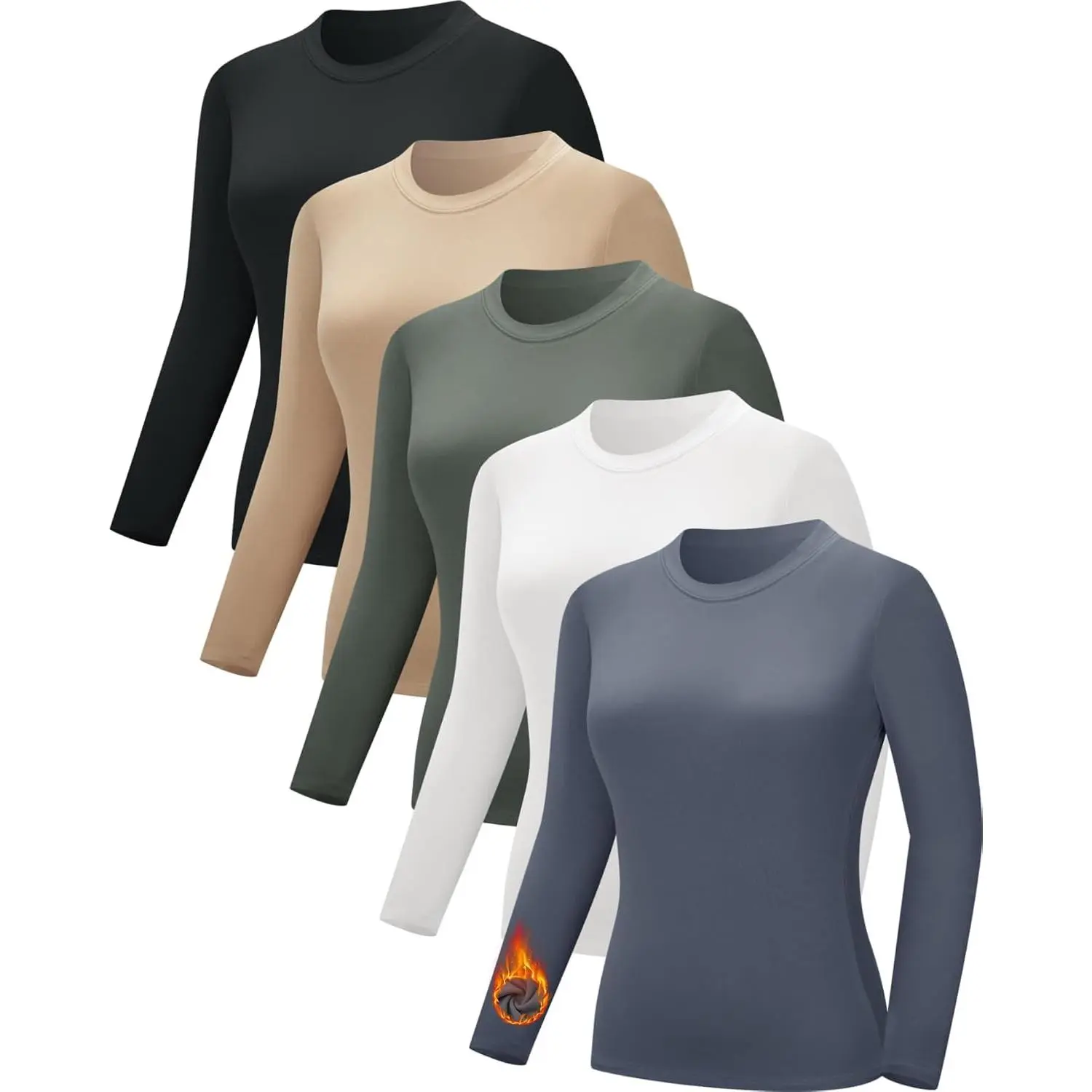 3/5 Pack Womens Tops Long Sleeve Thermal Shirts Basic Tees |   Crew Neck, Fleece Lined Undershirts, Underscrubs, Compression, Fitted Underwear, Workout Going Out, Stretchy Base Layer