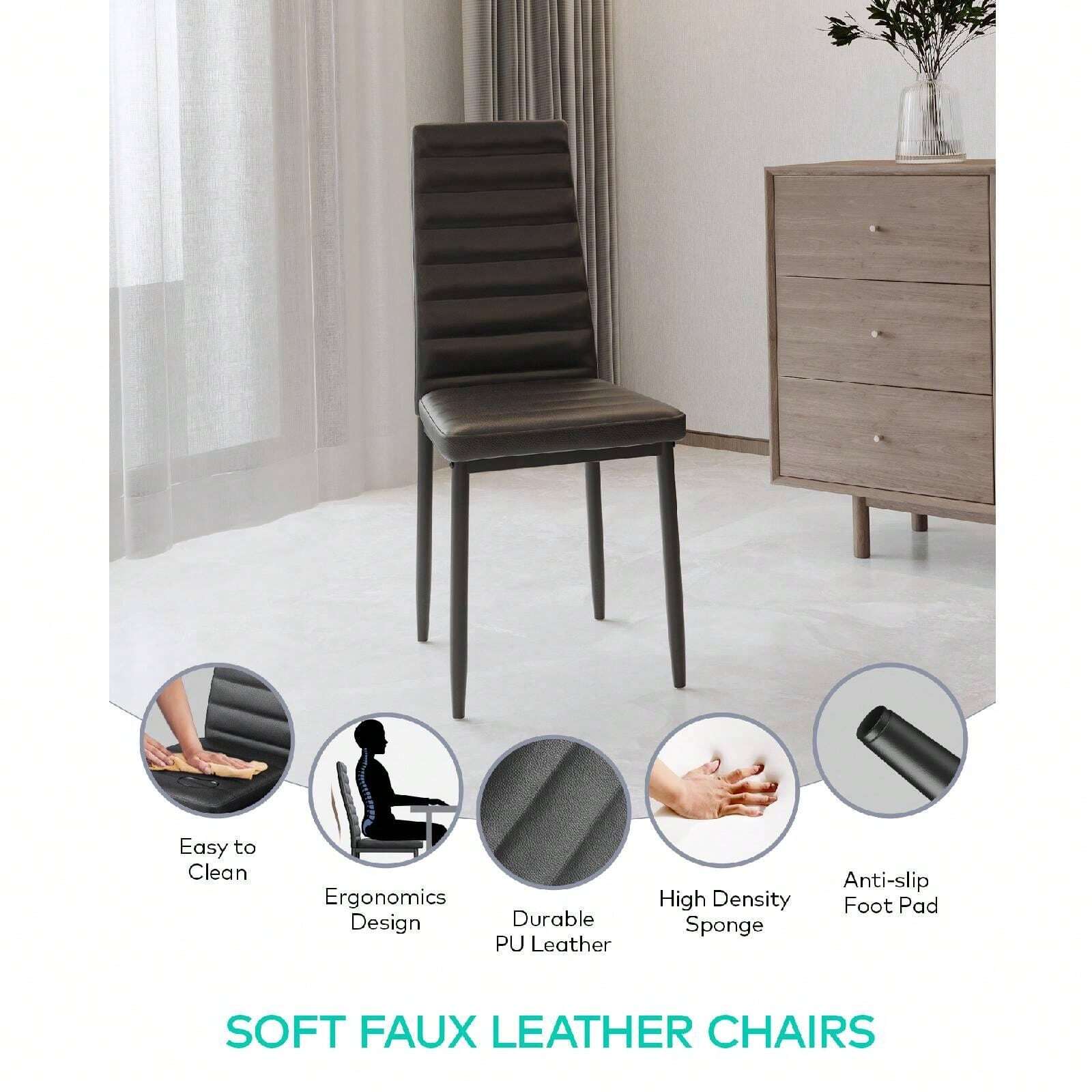 Glass Top Dining Table Set with High Back PU Leather Chairs, Available in 4-Chair & 6-Chair Options, Modern Kitchen & Dining Room Furniture Set, Comfortable Upholstered Chair Set for Living Room Restaurant Home