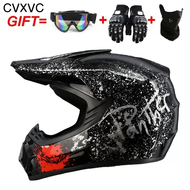 CVXVC Motocross Helmet for Youth and Kids, DOT Certified 4-Piece Full Face Helmet Set with Goggles, Gloves & Mask, Adjustable Visor for Dirt Bike, ATV, BMX and Off-Road Riding, High-Density EPS Liner and Breathable Interior, Sizes S-XL