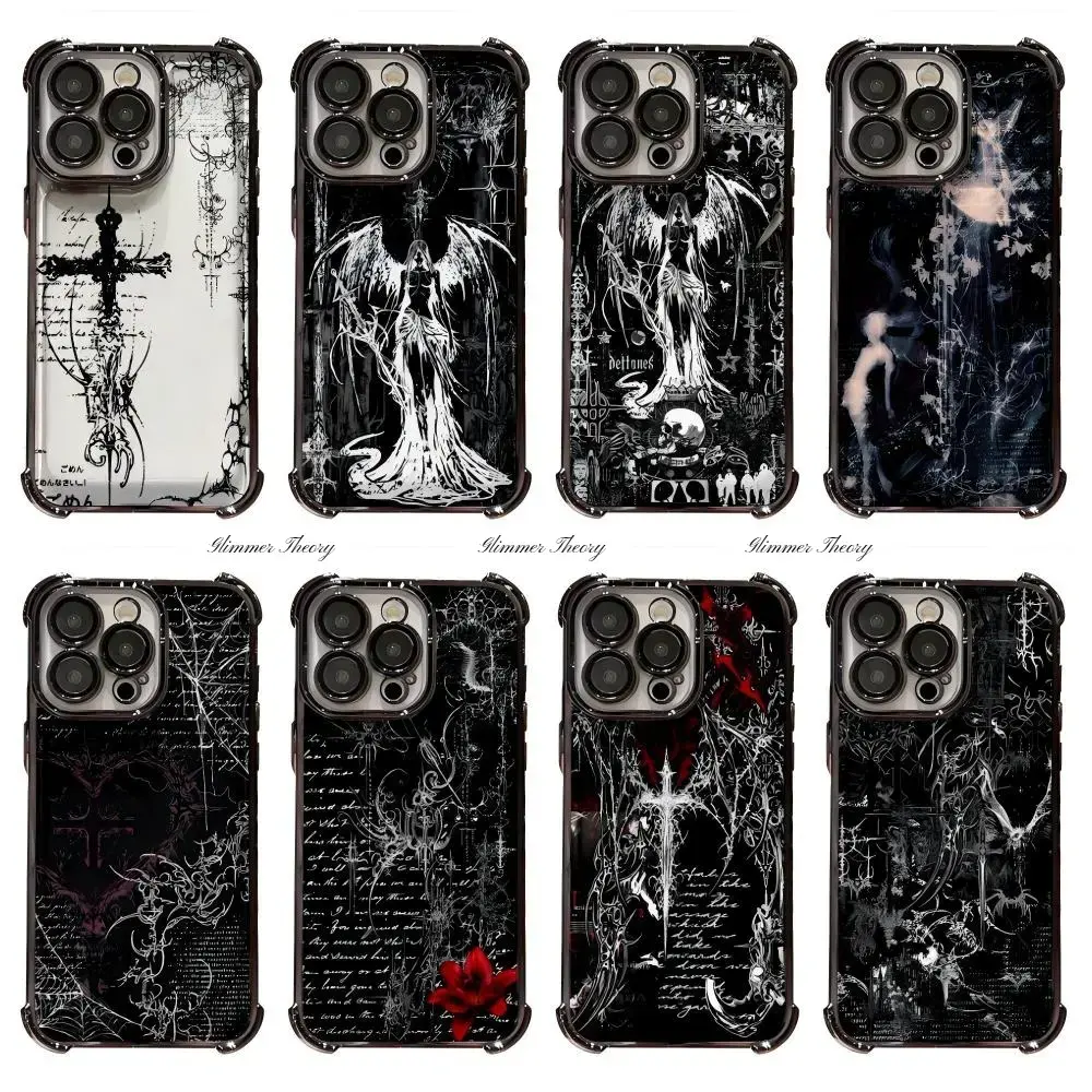 INS Artistic Gothic Cyber Sigilism Angel Cross Phone Cases For iPhone 17 Promax Pro Air 16 Plus 15 14 13 12 11 Transparent Black TPU Shockproof Protective Cover Gift For Birthday Christmas Valentine Halloween, Accessories