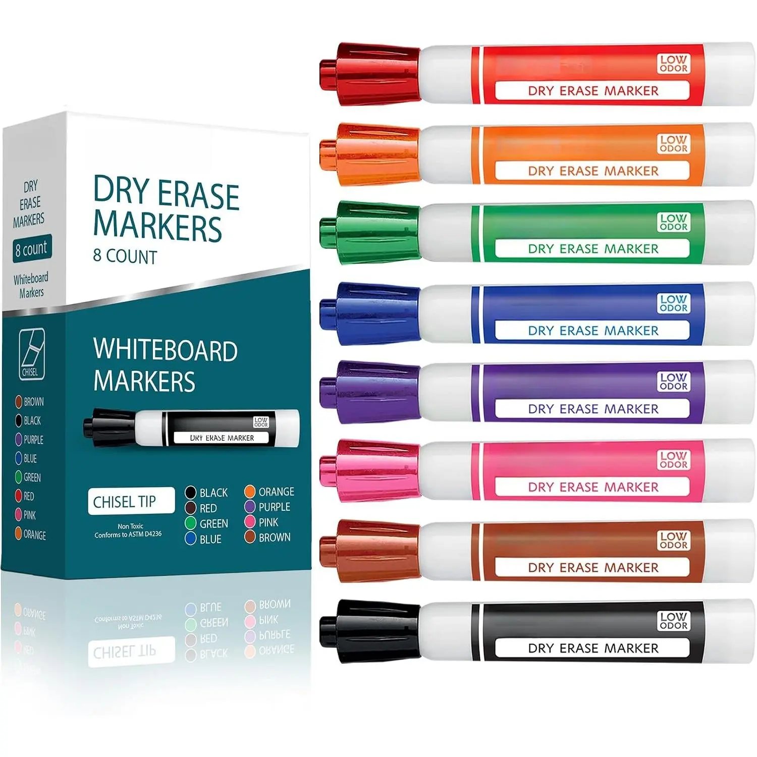 Dry Erase Markers Chisel Tip 8 PK Whiteboard Markers  | Use: Whiteboards and Glass Boards, Includes: 8  Colors, Tip Style: Chisel Tip, Feature: Low-Odor,
