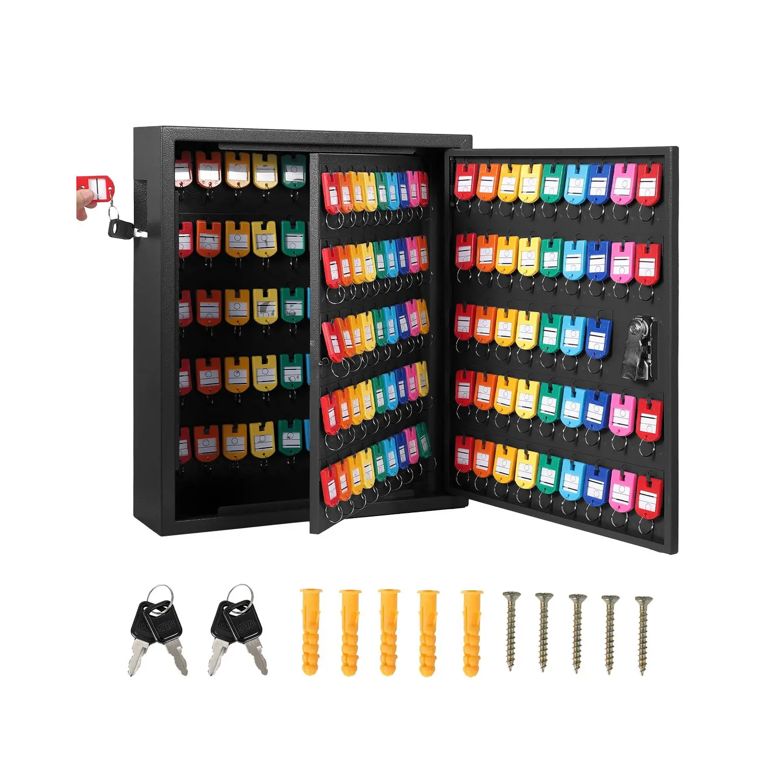 Wall-Mounted Key Storage Cabinet for Up to 133 Keys, Lockable Steel Organizer with Numbered Hooks and Color Tags, Secure Key Storage for Office, Hotel, and Car Key Management