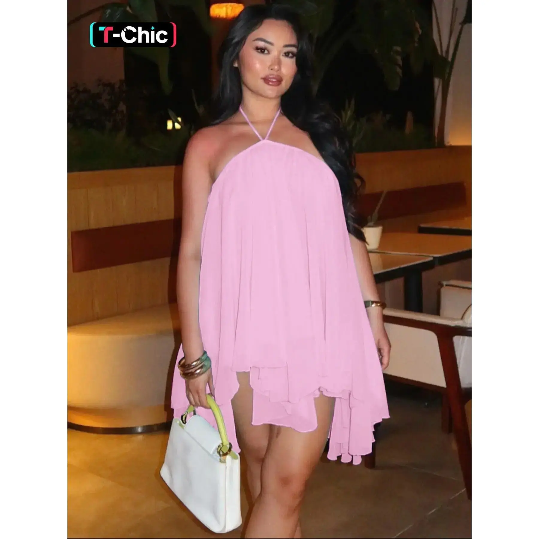 Women's Formal Boho Casual Halter Sleeveless Backless Chiffon Midi Sundress, Elegant Apparel for Party, Club Wear, Party Look