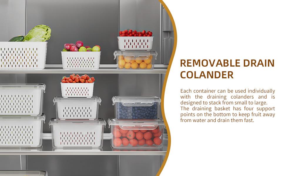 6 Pack Fruit Storage Containers for Fridge with Removable Colanders, 4 in 1 Produce Storage Containers with Lids, Leakproof Fridge Organizer Bins Keep Berry,Vegetable, Fruit, Meat Fresh Longer