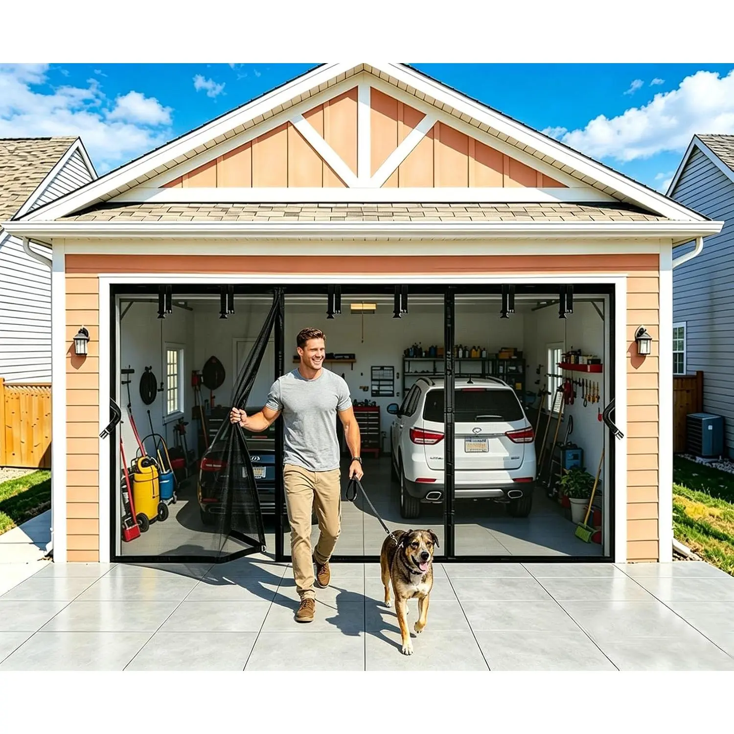 Retractable Fiberglass Garage Door Screen Kit - 17x9 FT, Heavy Duty Weighted Bottom, Outdoor Ventilation, Quick Install, Includes Screws & Repair Patches for Patio Workshop