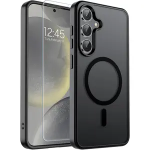 SUPFINE Magnetic for Samsung Galaxy S24 Case / S25 Case with Screen Protector, (Built-in Magnets) (Military Grade Drop Protection) Slim Translucent Shockproof Phone Case,Black