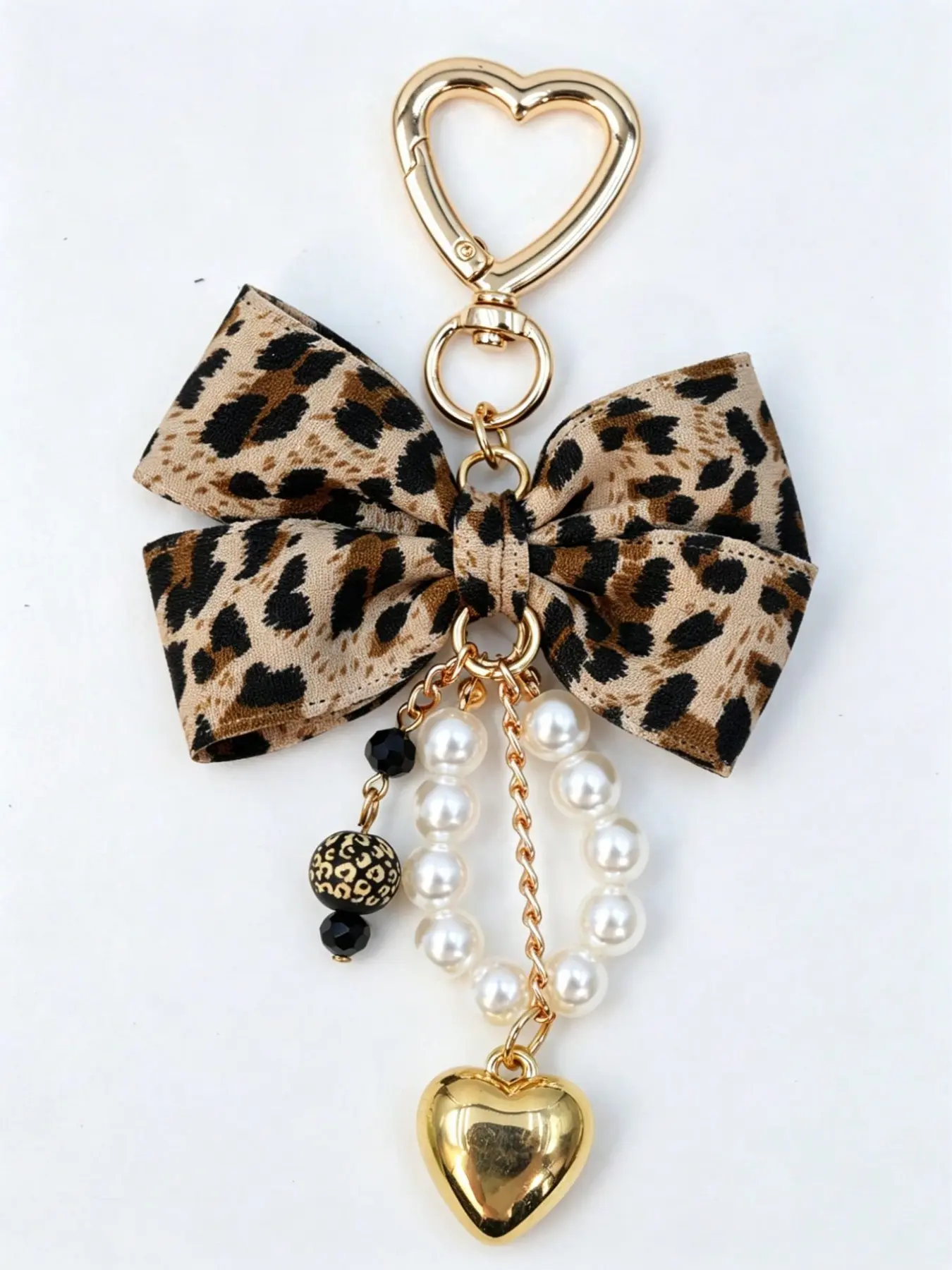 Leopard Print Bow Keychain, Heart Pendant Bag Charm, Simple Elegant Pearl Keychain, Beaded Pendant Bag Gift for Women, Key Charms